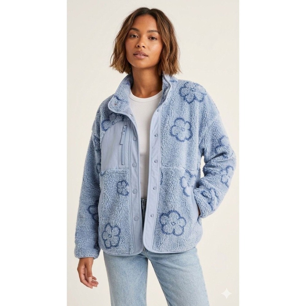 Floral Sherpa Fleece Jacket Blue Mock Neck Full Zip Snap Front XL